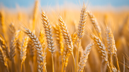 Fototapeta premium Wheat field with the sun. Golden wheat ears close-up. A fresh crop of rye