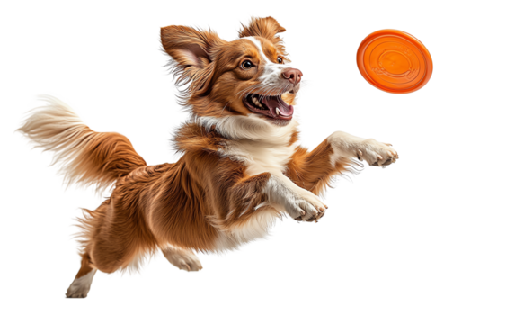 A playful dog leaps joyfully to catch an orange frisbee, showcasing agility and excitement in a vibrant action shot.