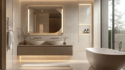 Luxurious white modern style bathroom with marble floor and walls