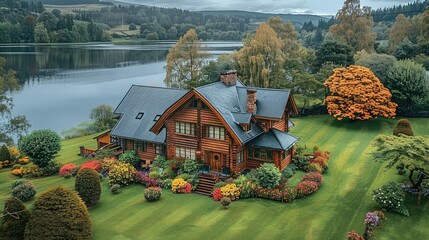 A beautiful log house stands in the center of an endless green lawn, surrounded by colorful flowers and trees, overlooking a large lake. Generative AI.