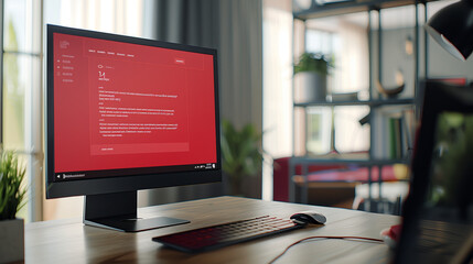 Computer screen showing red ransomware warning message in home office setting
﻿
