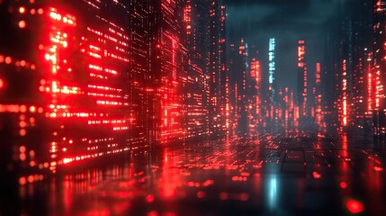 Fototapeta premium Cyber city imagery showcases digital technology, information security, and neural network connections in a 3D futuristic world.