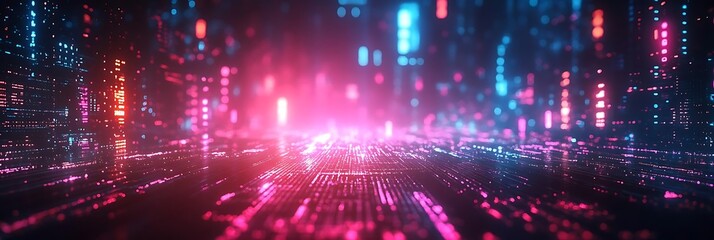 Fototapeta premium Abstract Background - Digital City with Neon Lights and Data Streams