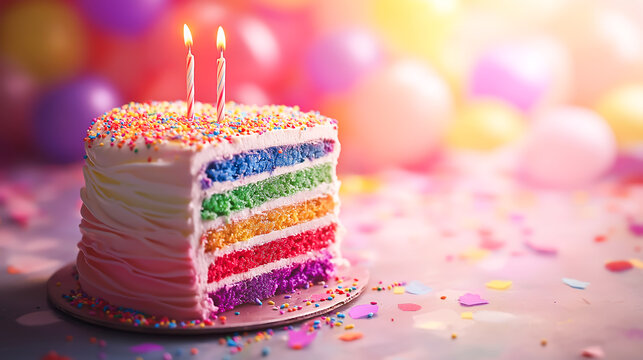 Rainbow layered birthday cake with sprinkles, Birthday celebration concept