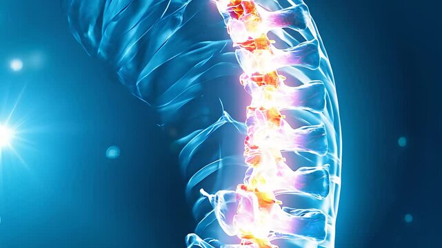 Human spine with glowing vertebrae, advanced medical illustration showcasing spinal cord, back health, and anatomy concept