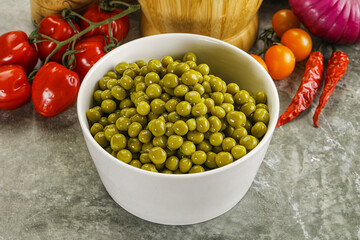 Sweet canned young green peas