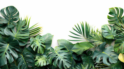 Obraz premium Green flat lay tropical palm leaf branches on white background. Room for text, copy