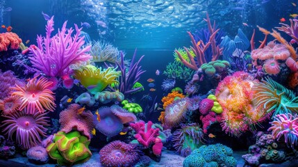 Obraz premium Coral Reef Exhibit: A colorful underwater tableau featuring corals, anemones, and sponges, with clownfish and wrasses thriving in a simulated reef environment. 