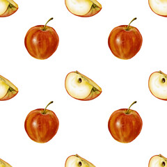 Pattern of whole apples and pieces.  The fruit is red. Watercolor illustration. No background.