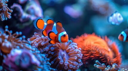 Coral Reef Exhibit: A dazzling display of diverse corals, anemones, and sponges, teeming with clownfish and wrasses, creating a vivid underwater habitat.
