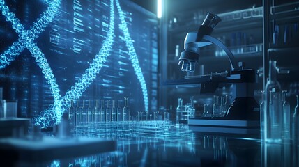 A Microscope and DNA Helix in a Laboratory Setting