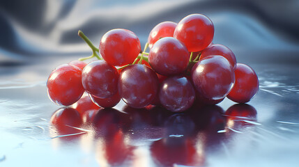 A Bunch of Ripe Red Grapes Cascading Across a Sleek Chrome Surface, Creating a Shimmering Effect with Delicate Shadows