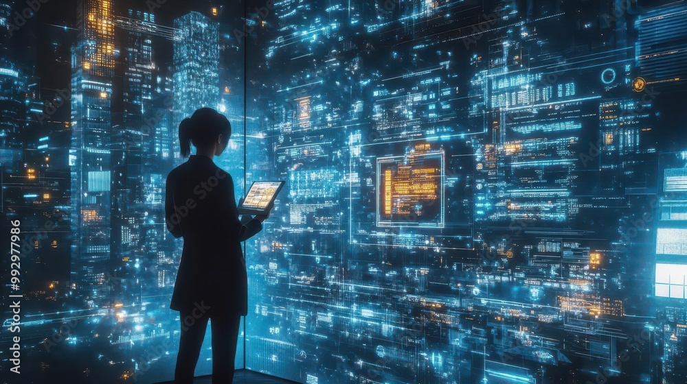 Poster sales strategist in a high-tech cityscape, analyzing ai-generated trends on a digital display wall, 