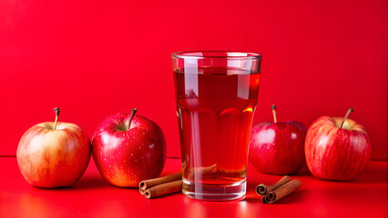 Apple juice with cinnamon sticks on red background