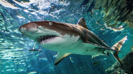 Fototapeta premium Shark Tunnel: A thrilling glass tunnel where guests can stroll beneath graceful sharks and rays, enjoying a unique, close-up view of marine life. 
