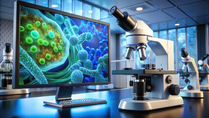 Microscope with digital display showing cellular analysis