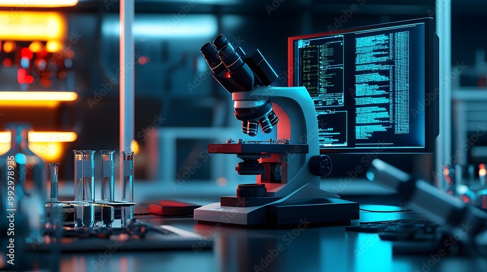 Poster a modern laboratory with a microscope and a computer displaying code