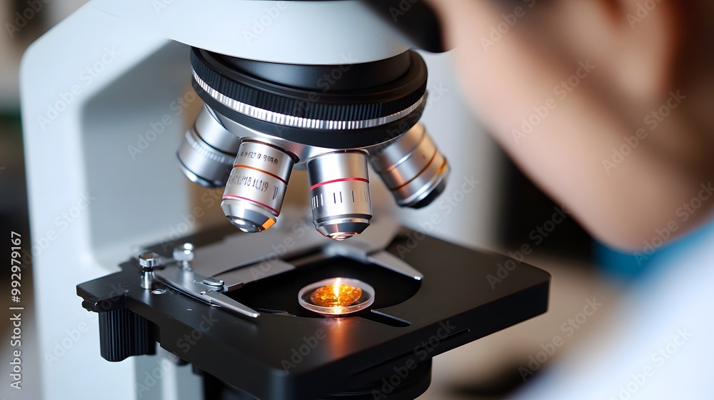 Poster close-up of a microscope with a sample illuminated by a light source
