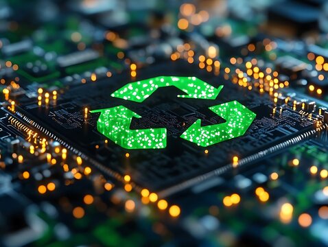 Electronic Waste Recycling Illustration: Glowing Recycle Symbol on Circuit Board