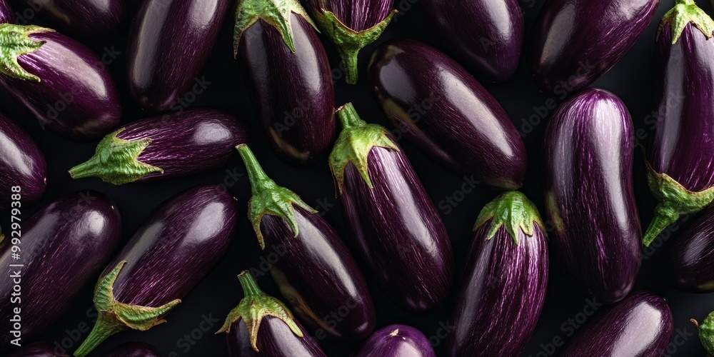 Canvas Prints Fresh and vibrant eggplants arranged neatly on a dark surface. Perfect for recipes or food photography. A beautiful display of color and texture. Healthy and versatile vegetables. AI