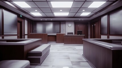 Fototapeta premium Interior of a modern courtroom with wooden furnishings and a clock on the wall.