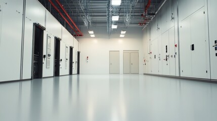 Obraz premium A clean, modern industrial space with storage units and doors.