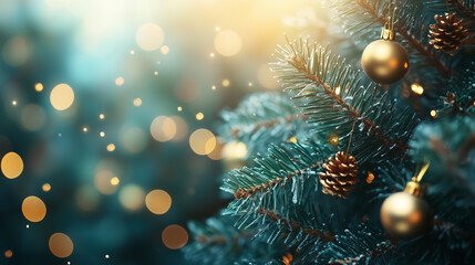 Christmas background. Christmas tree close up with blurred holiday lights, gifts and Christmas backdrops