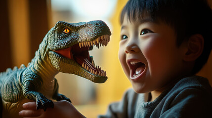 A child joyfully roaring back at a dinosaur toy, both hands clutching the dinosaur, light from a...