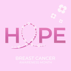 Background for breast cancer awareness month with word hope and pink decorative ribbon. Vector illustration for female support, women health protection, care, help concept.