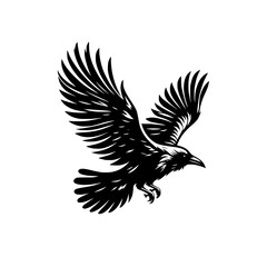 Vector logo of a flying raven. black and white illustration of a crow isolated on white background. can be used as a tattoo, emblem, logo.