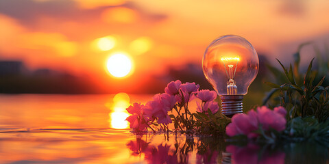 Lightbulb with Sunset and Flowers Reflection