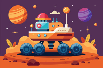 A vibrant space rover navigates a whimsical alien terrain dotted with planets and distant stars, Customizable semi-flat illustration for curiosity.