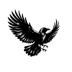 Vector logo of a flying raven. black and white illustration of a crow isolated on white background. can be used as a tattoo, emblem, logo.