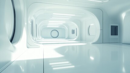A futuristic, minimalist interior space with smooth surfaces and soft lighting.