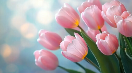 Fototapeta premium Spring blossoming tulips in garden, springtime pink flowers field background