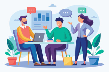 Three colleagues collaborate at a desk, discussing data insights while surrounded by plants and graphic charts, Customizable semi-flat illustration for discussion.