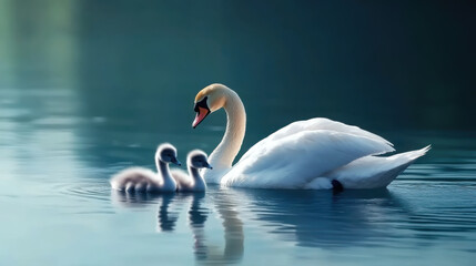 Fototapeta premium a swan swimming with two cygnets in tranquil blue water