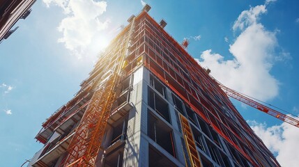 A striking view of a building under construction stands against a clear blue sky, highlighting the dynamic process of development.
