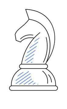 recommend clip art: A black and white outlined chess knight piece with blue shading. Ideal for game strategy, education, abstract thinking, intellectual activities, minimalistic art. Simple outlines style.
