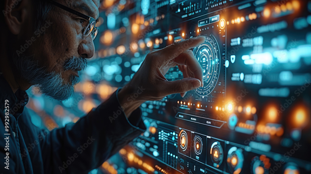 Poster a businessman touches a screen displaying cyber security and antivirus alerts, representing business