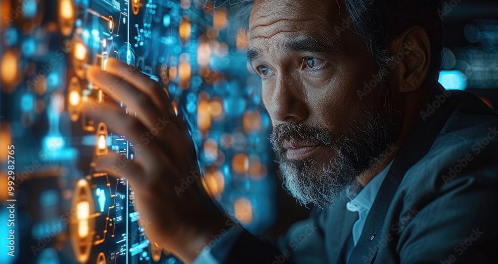 Aufkleber A businessman touches a screen displaying cyber security and antivirus alerts, representing business technology and digital protection. Generative AI.