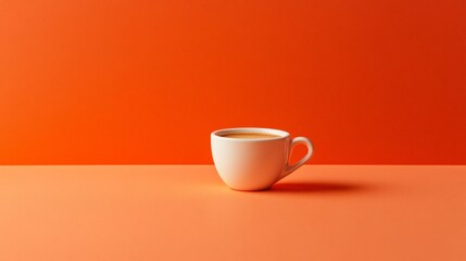 A white coffee cup with coffee on a peach colored surface against an orange background.