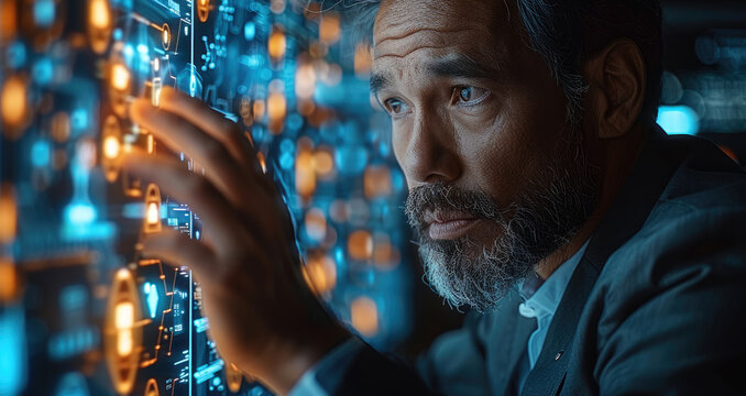 A businessman touches a screen displaying cyber security and antivirus alerts, representing business technology and digital protection. Generative AI.