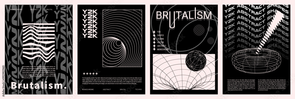 Poster brutalist monochrome posters with 3d wireframe shapes in y2k style, cyberpunk geometric elements in 