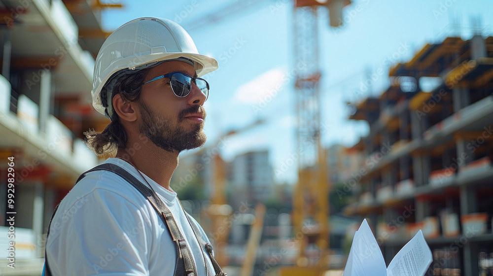 Poster a engineer wearing a white helmet in a construction site. generative ai.