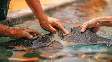 Stingray Touch Pool: An engaging, shallow pool inviting visitors to gently touch the smooth backs of stingrays as they gracefully swim by in a tranquil environment.
