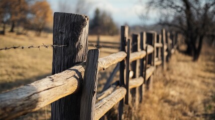 Fototapeta premium A handmade old wooden logs fence stands sturdy on a farm, showcasing rustic craftsmanship and natural charm.