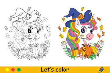Halloween coloring cute unicorn with witch hat vector illustration