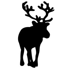 Reno de navidad. Silueta de color negro de reno mirando al frente. Imagen simple de contorno de un reno, animal con cornamenta. Vector a ilustración. 