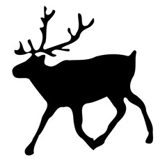 Reno de navidad. Silueta de color negro de reno corriendo, vista de perfil. Imagen simple de contorno de un reno, animal con cornamenta. Vector a ilustración.